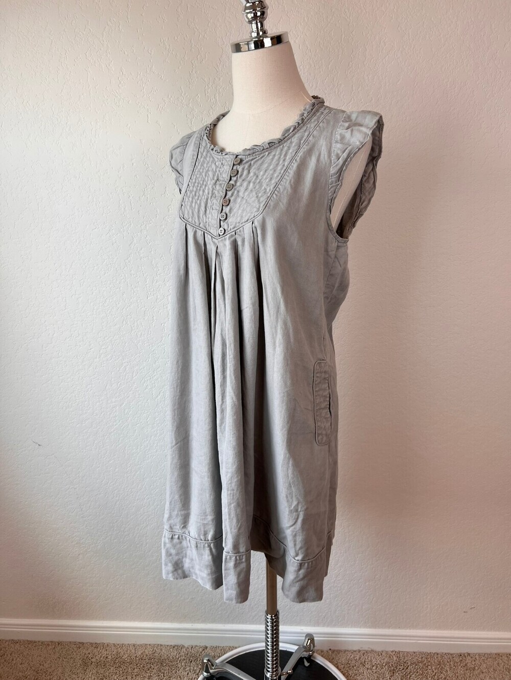 Vintage 90s 100% Linen Buttons Pockets Ruffle Collar Sleeveless Shift Dress 10